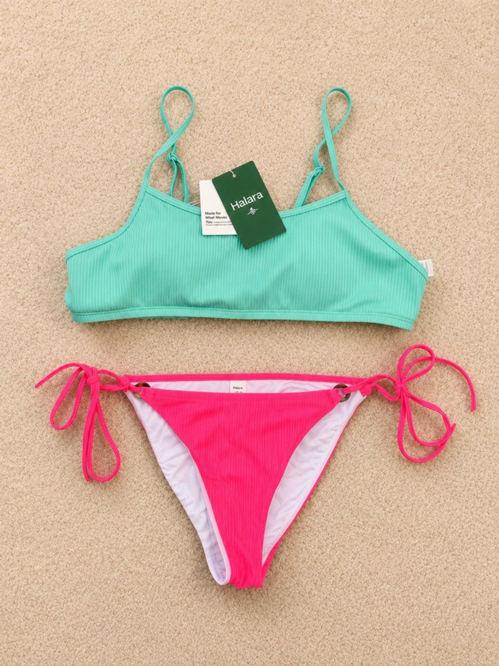 NWT Halara Ribbed Bikini Set Neon Pink & Mint Green Colorblock Swim XL/L
